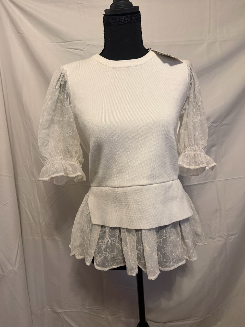 English Factory White Lace Peplum Knit Top-A003